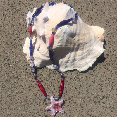 Necklace – Batik Fabric Beads and Pink Starfish