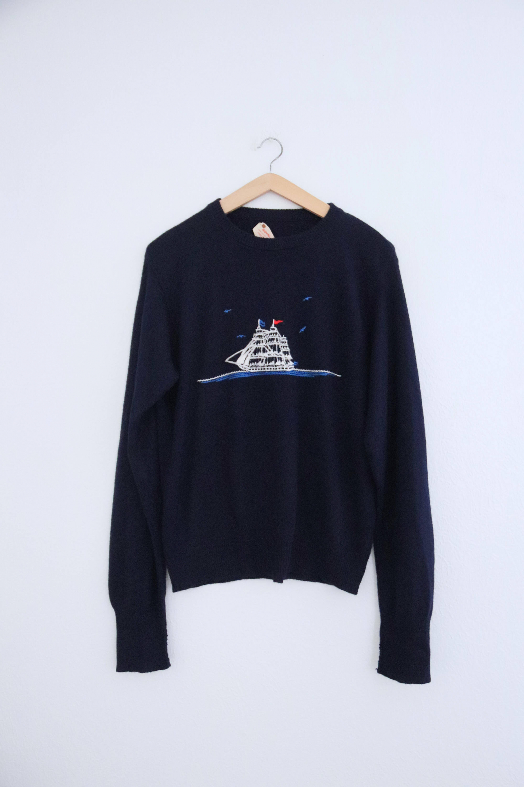 1970s Pirate Ship Sweater Embroidered Nautical Lord Jeff Crew Neck