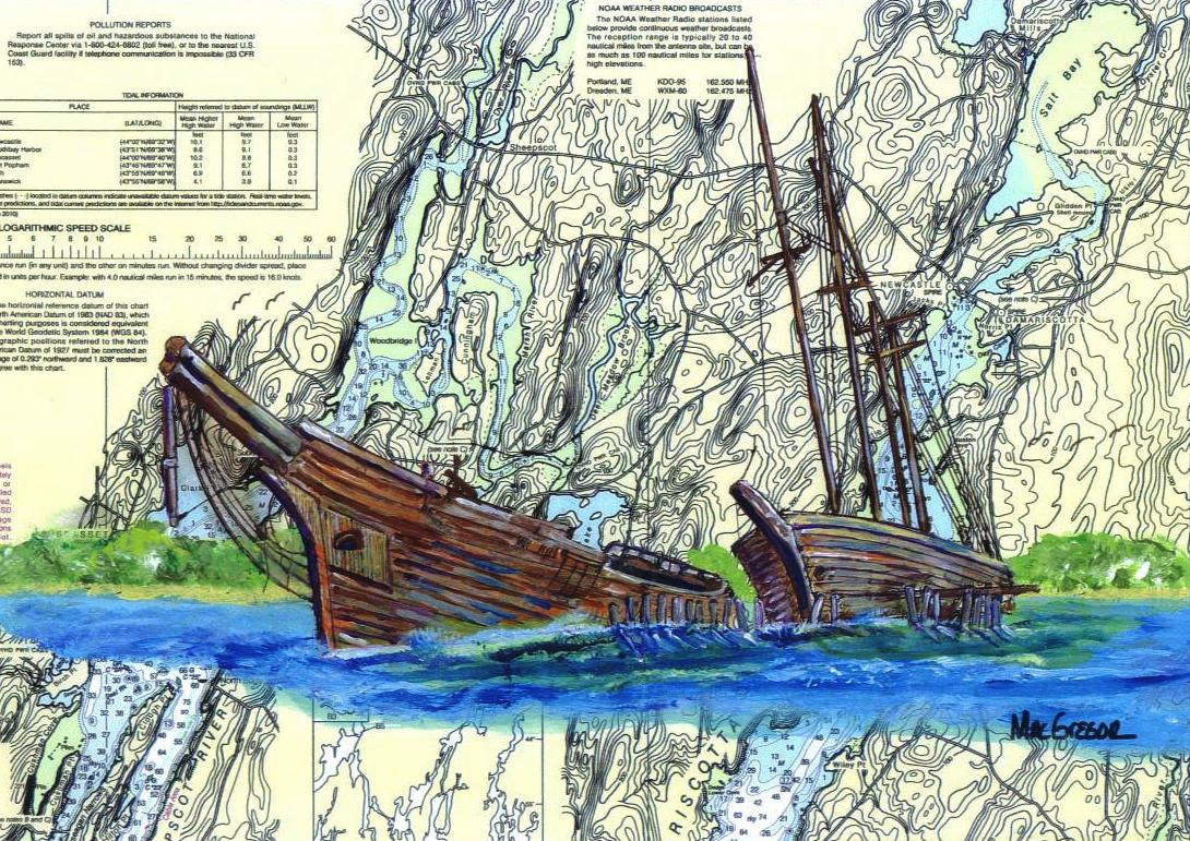 Hesper and Luther Little Nautical Chart Matted Art Print ( Wiscasset