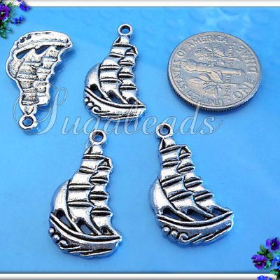 12 Silver Sail Boat Charms - Antiqued Silver Schooner 22mm PS95