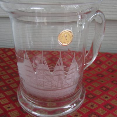 1 x TOSCANY ROMANIA, beer mug, juice glass, iced tea/coffee glass, tall ship etched design, mailed from Canada