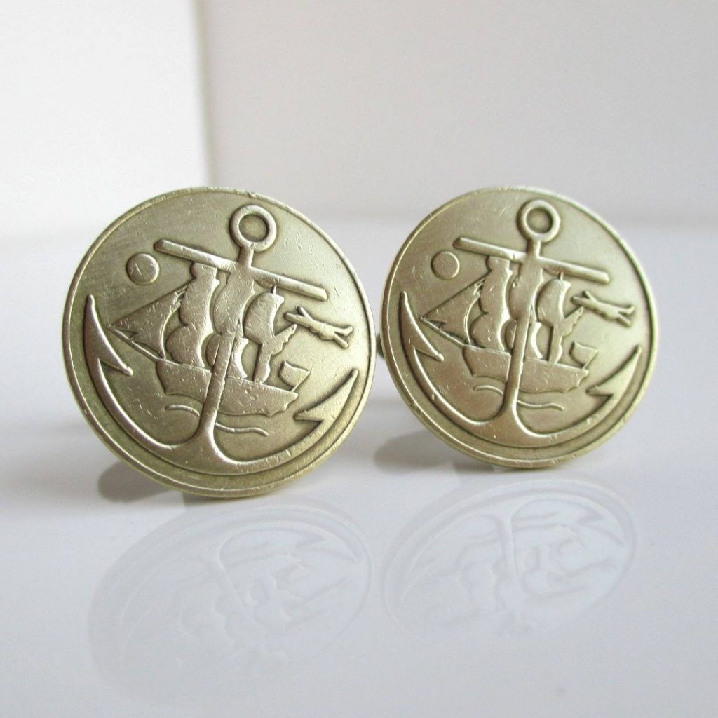Anchor & Ship Coin Cuff Links Repurposed Vintage Brass / Gold Transit