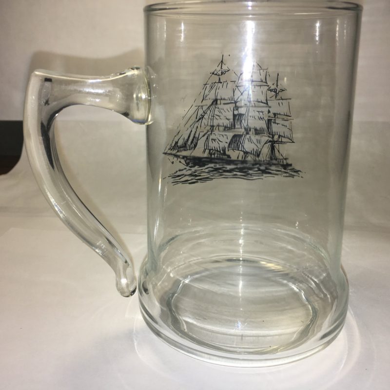 Vintage Clear Glass Schooner Mug w/ Whitesail Ship on Side Large Handle