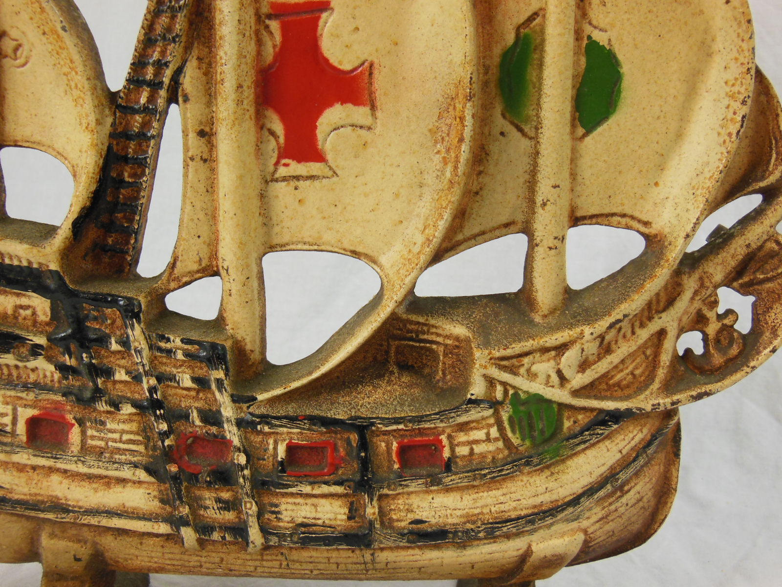 Vintage Cast Iron 3 Mast Painted Sails Ship, Door Stop Original Paint