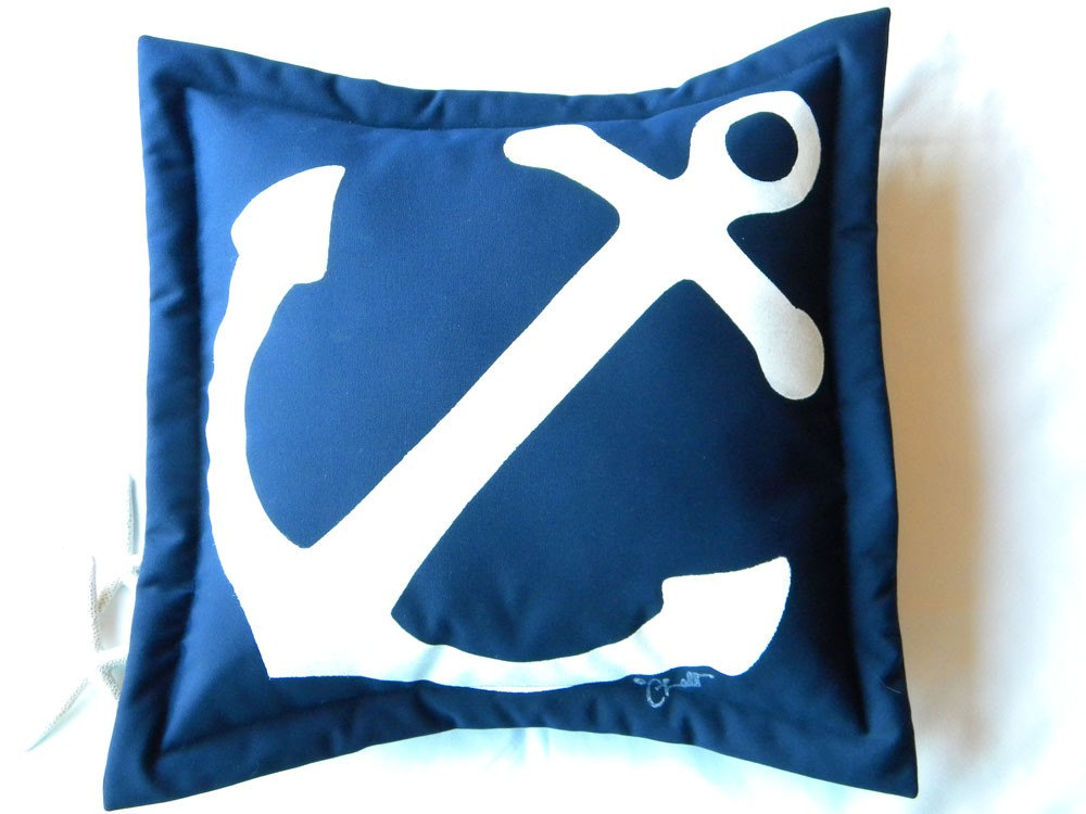 Outdoor Anchor Pillow Navy 20 All Weather White On Blue Nautical