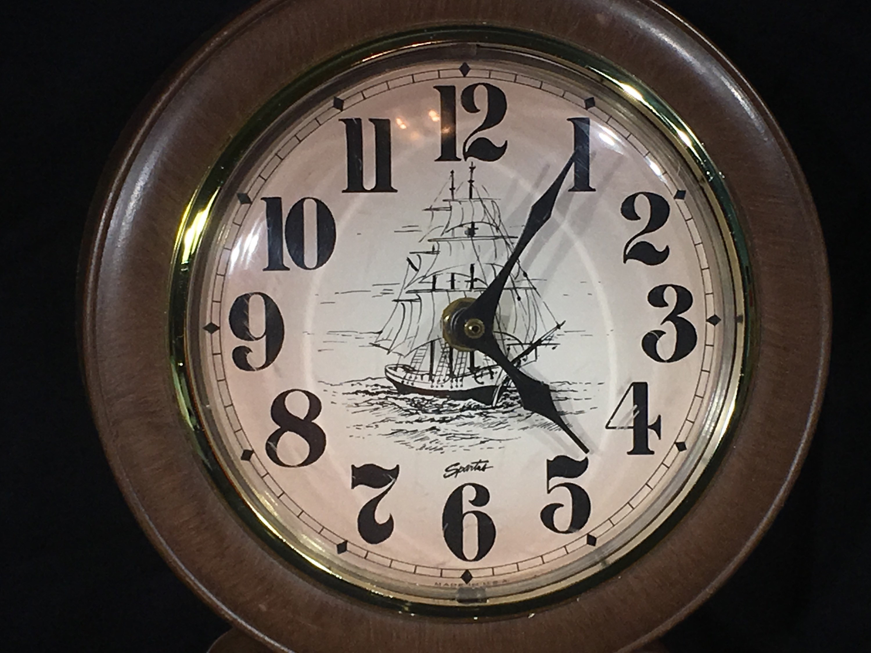Vintage Nautical Wall Clock Decorative Spartus Brown Gold Hanging Decor Collectible Schooner Art Electric Chandlery