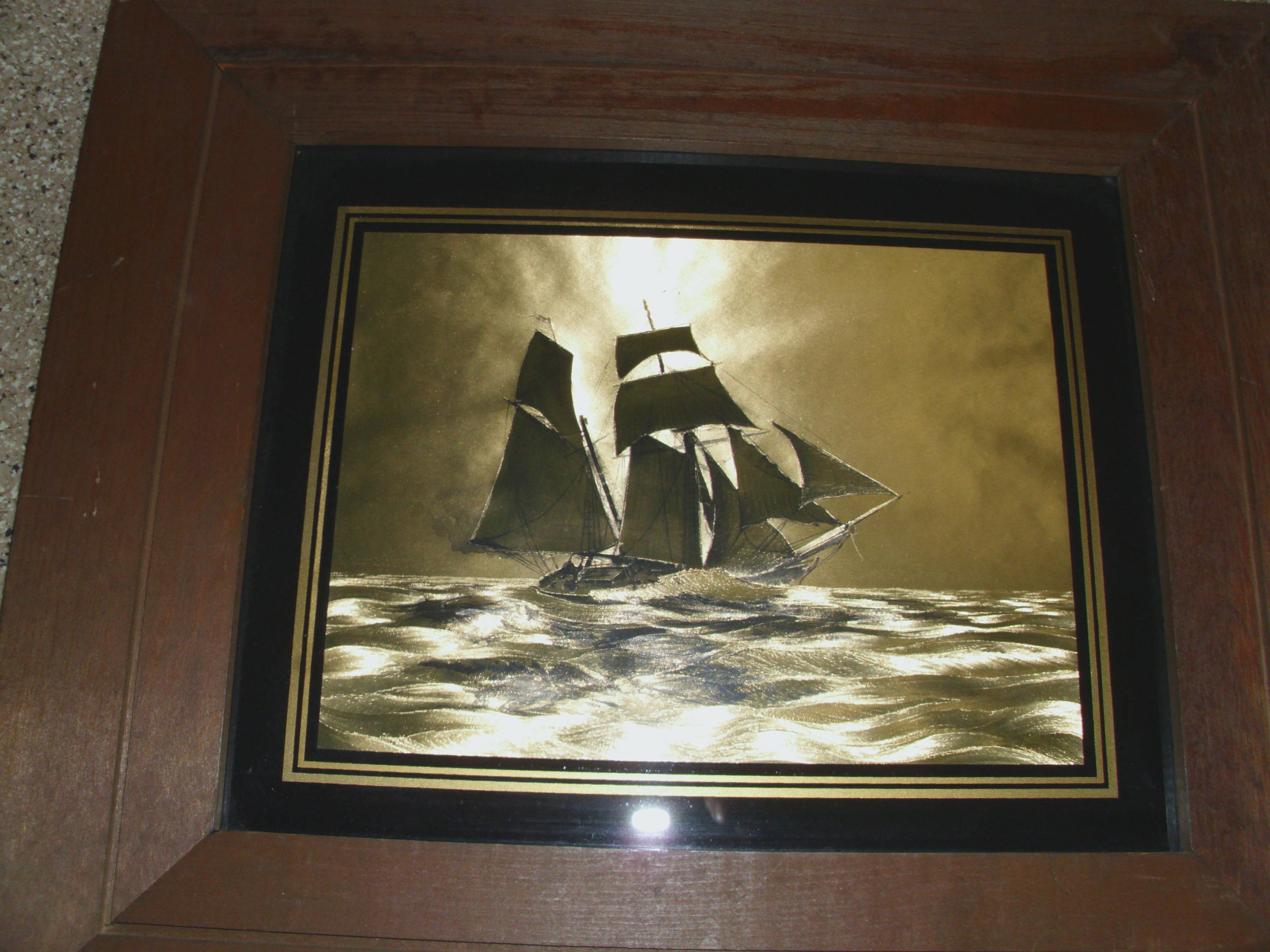 Gold Foil Etching Seascape Nautical Sailboat Schooner Iridescent