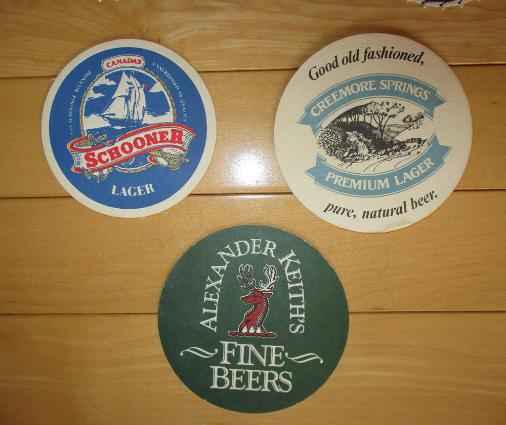 Vintage Bar Coasters 6 Canadian, 3 Labatt’s Bottle Coasters, Schooner
