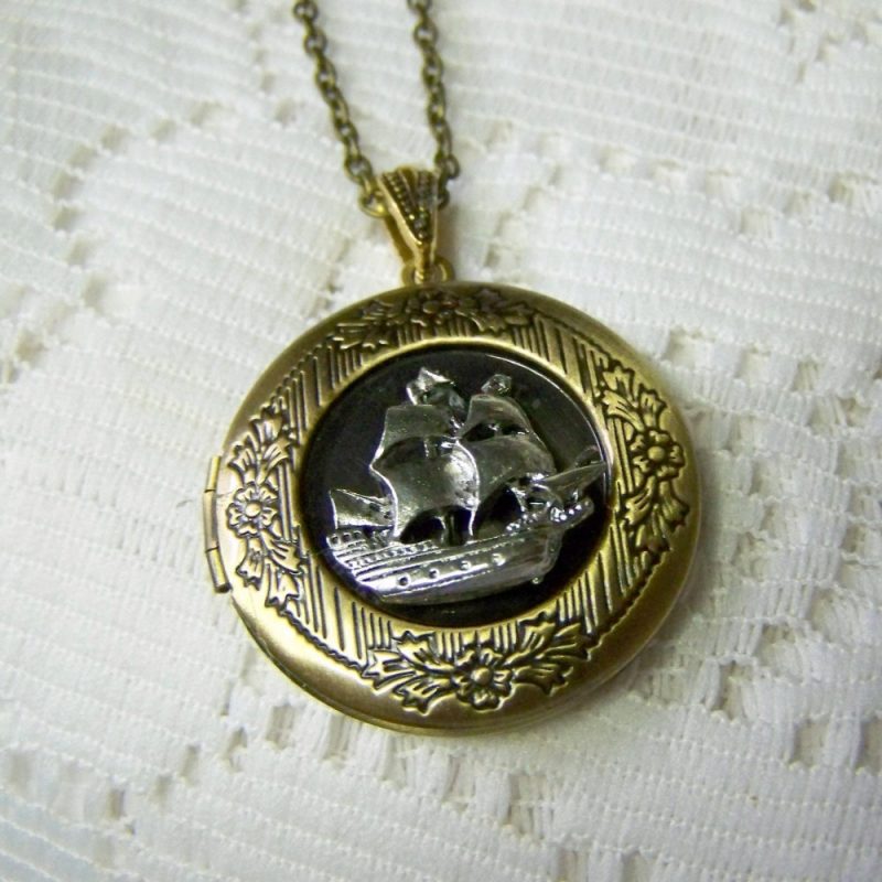 Clipper Ship Antiqued Gold Locket Necklace - Schooner - Ship Locket ...