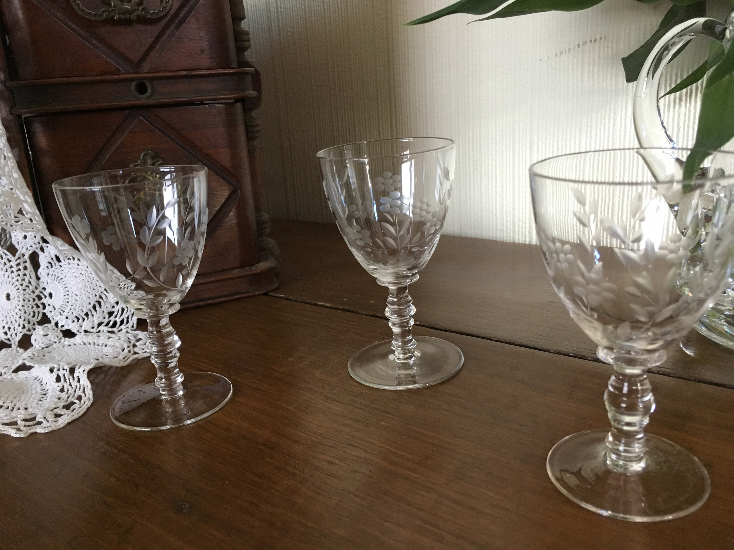 Engraved Etched Vintage Stemmed Sherry Glasses, Mid Century, Home
