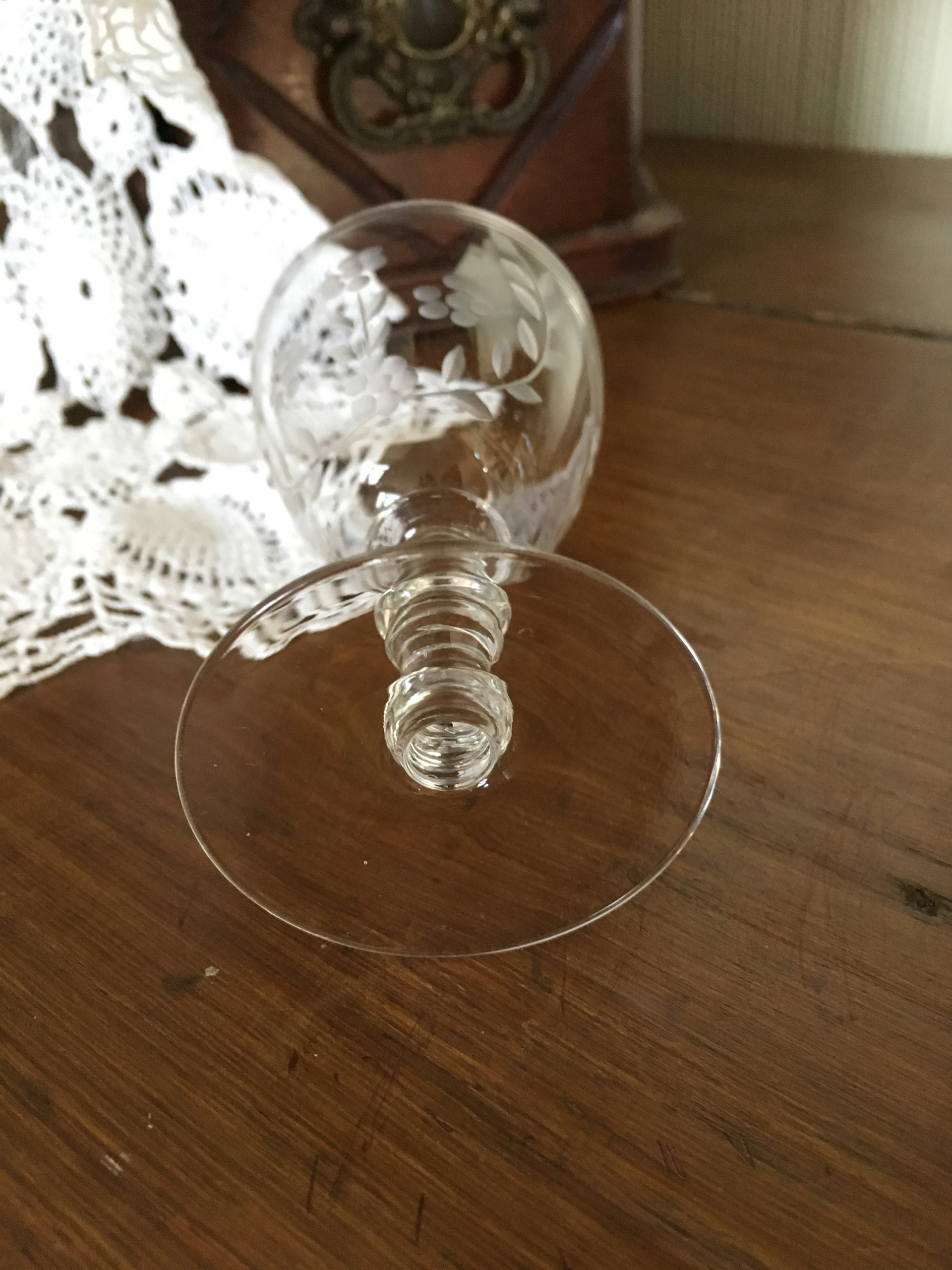 Engraved Etched Vintage Stemmed Sherry Glasses, Mid Century, Home Schooner Chandlery