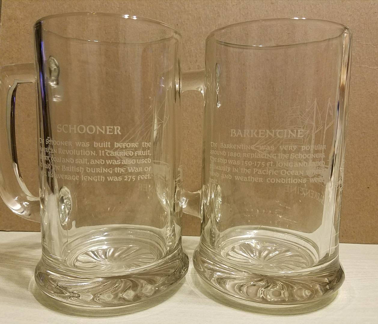 Vintage set of 2 etched glass beer steins. Ships etched on front of