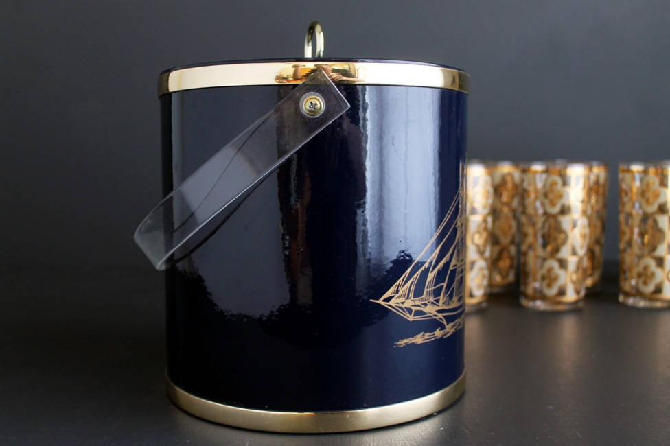 Vintage Ice Bucket Nautical Theme Navy Blue and Gold Schooner Sailing