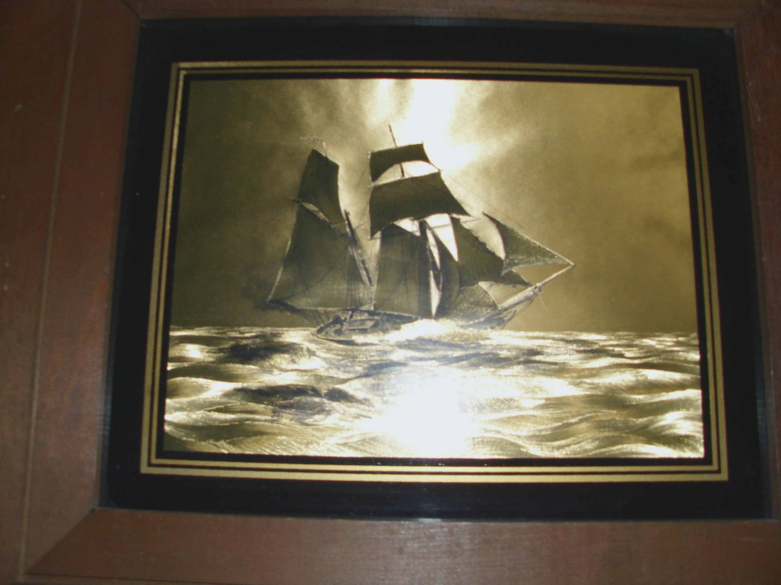 Gold Foil Etching Seascape Nautical Sailboat Schooner Iridescent