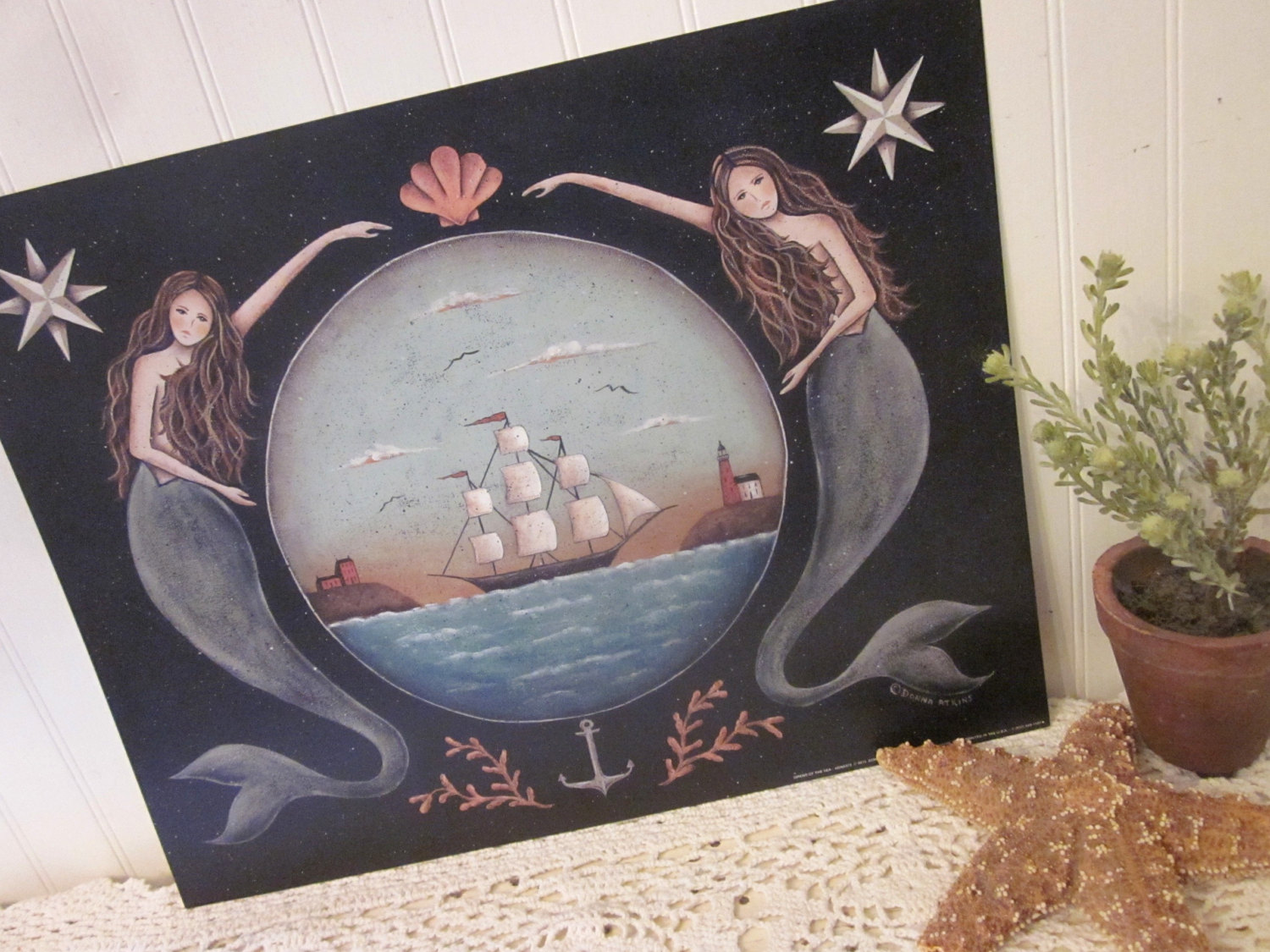 Sirens of the Sea. Nautical Stars Mermaid Ocean Schooner Folk Art Print ...
