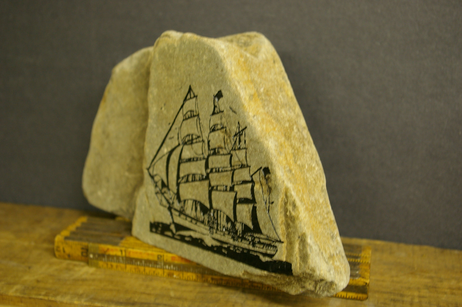 Engraved Ship on natural lake Rock | Schooner Chandlery