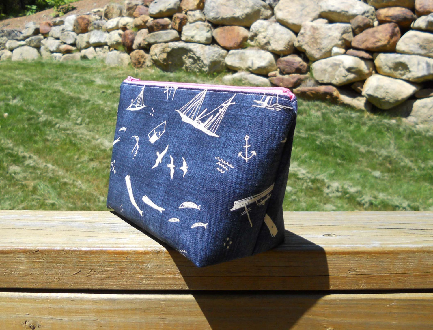 Medium Makeup Bag, Schooners on Blue, Schooner Makeup Bag, Boat Makeup