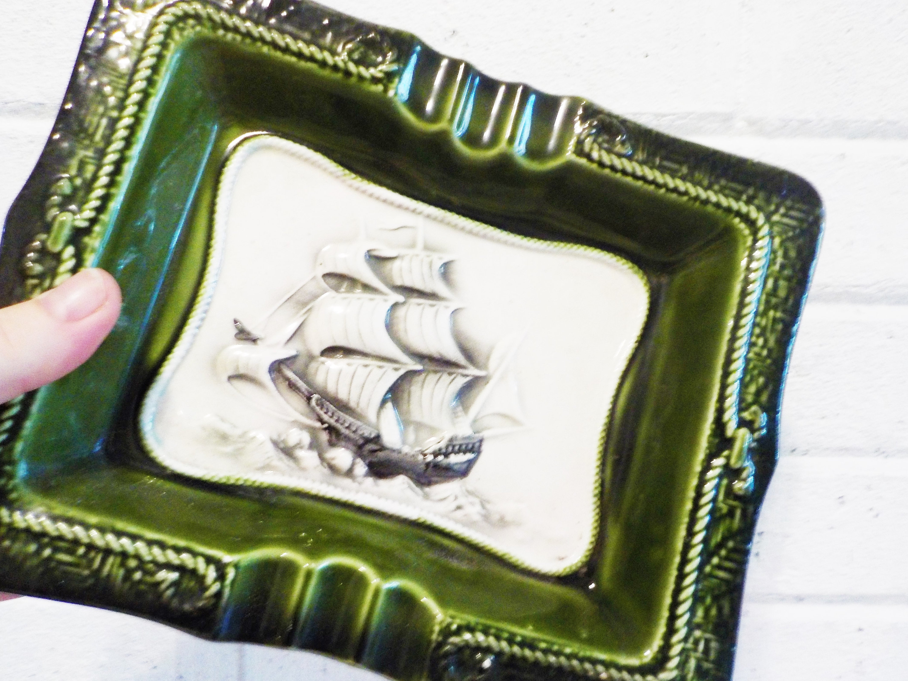 Large Sailboat ashtray ceramic emerald green, vintage schooner, large