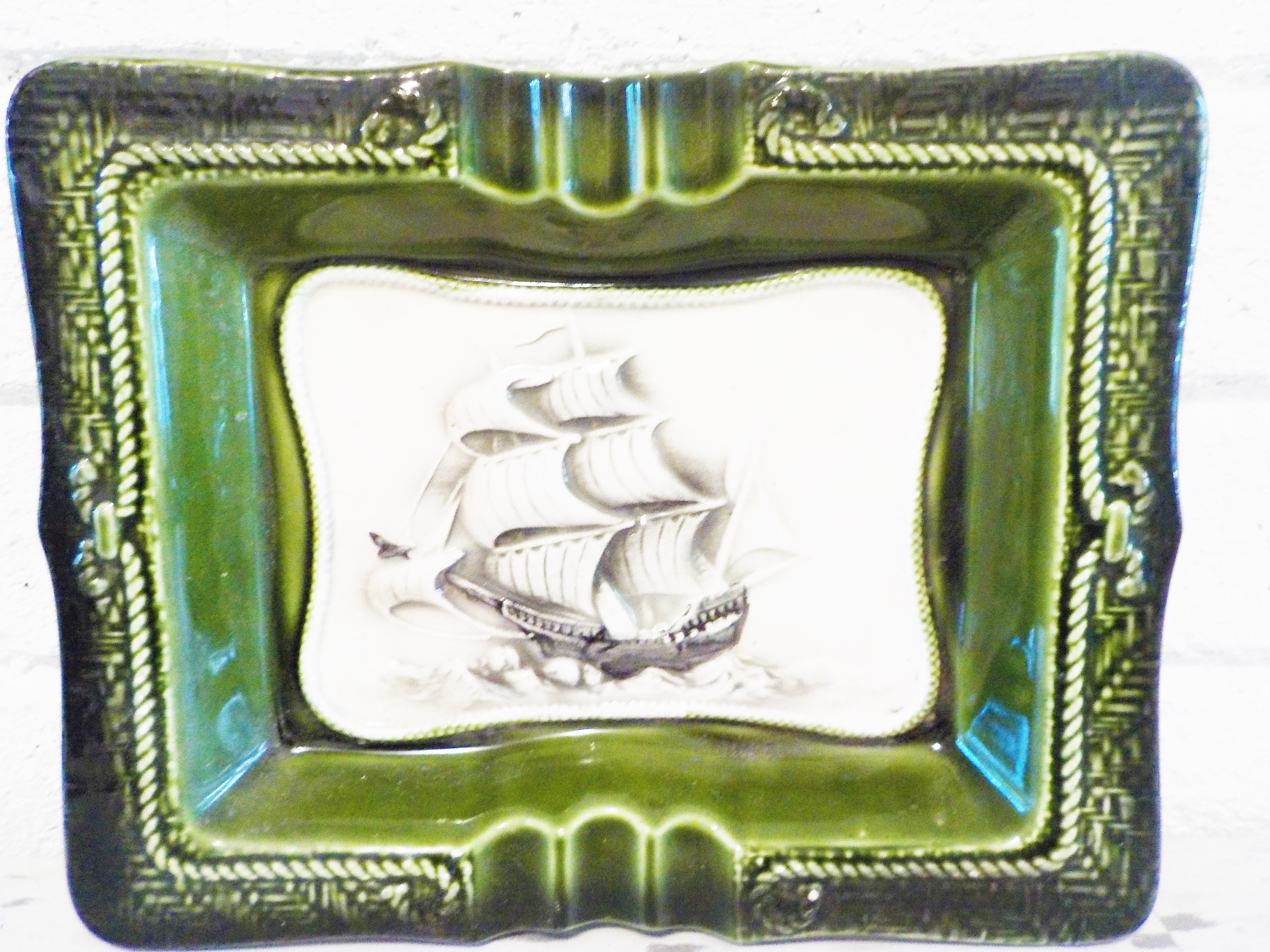 Large Sailboat ashtray ceramic emerald green, vintage schooner, large