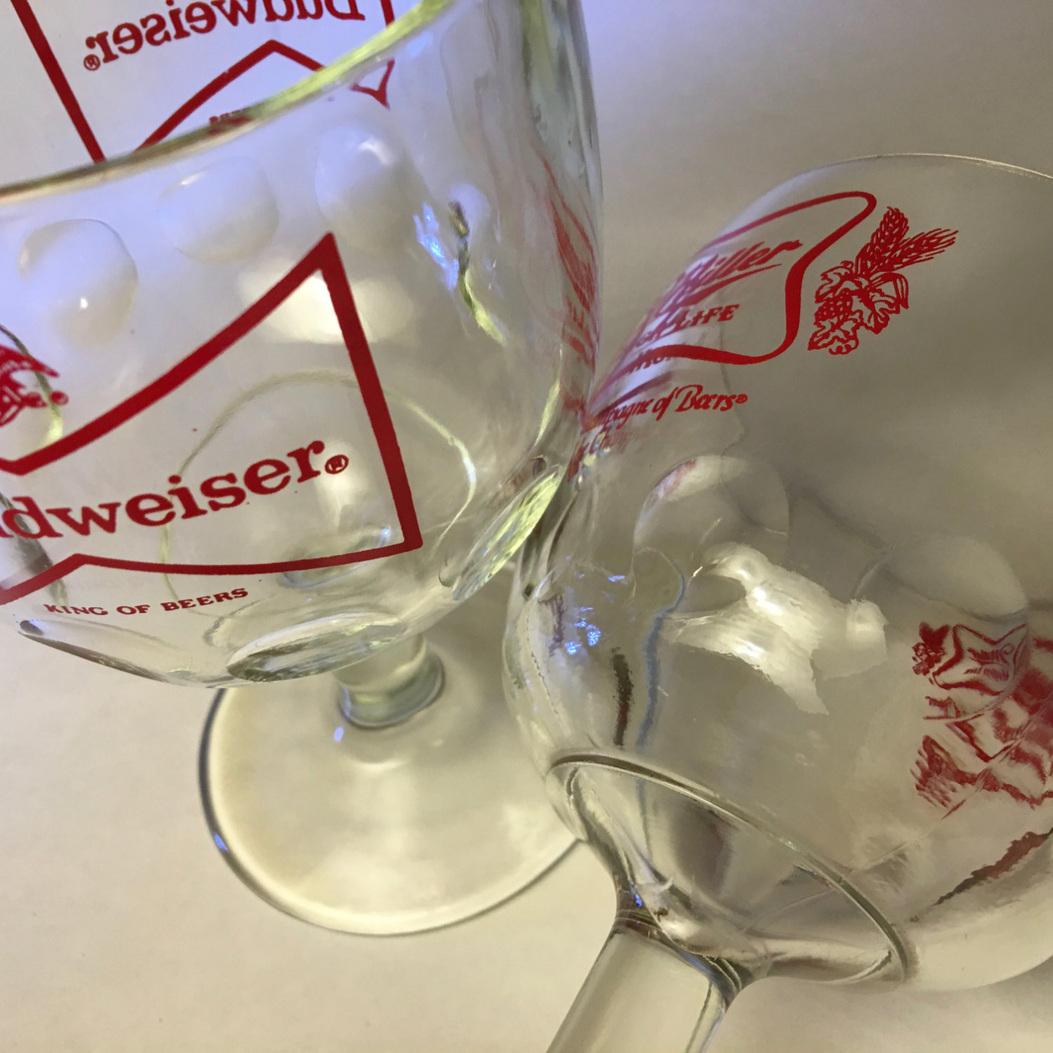 Vintage Budweiser vs Miller beer goblets Schooner Chandlery