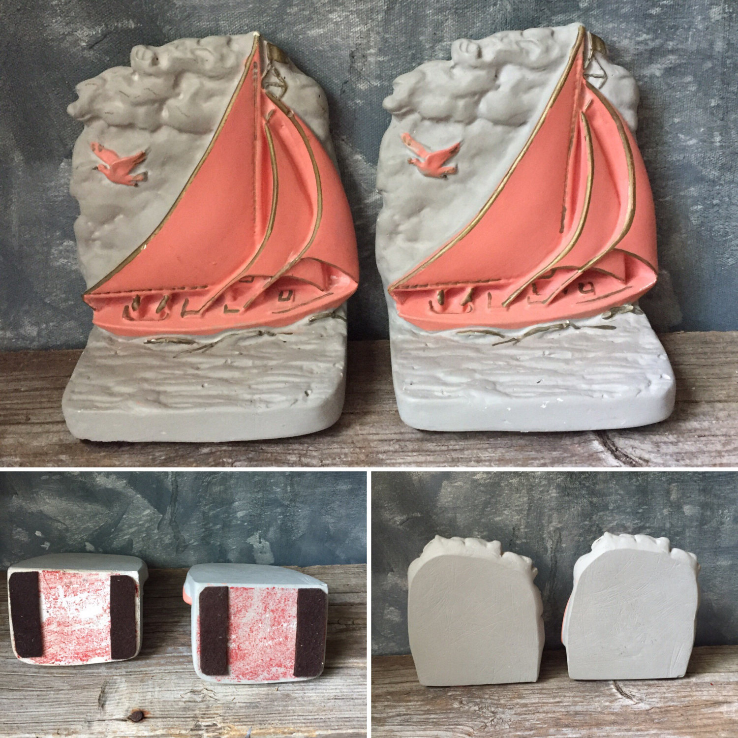 Sailing Ship Bookend Set Vintage Chalkware Schooner Bookends, Nautical