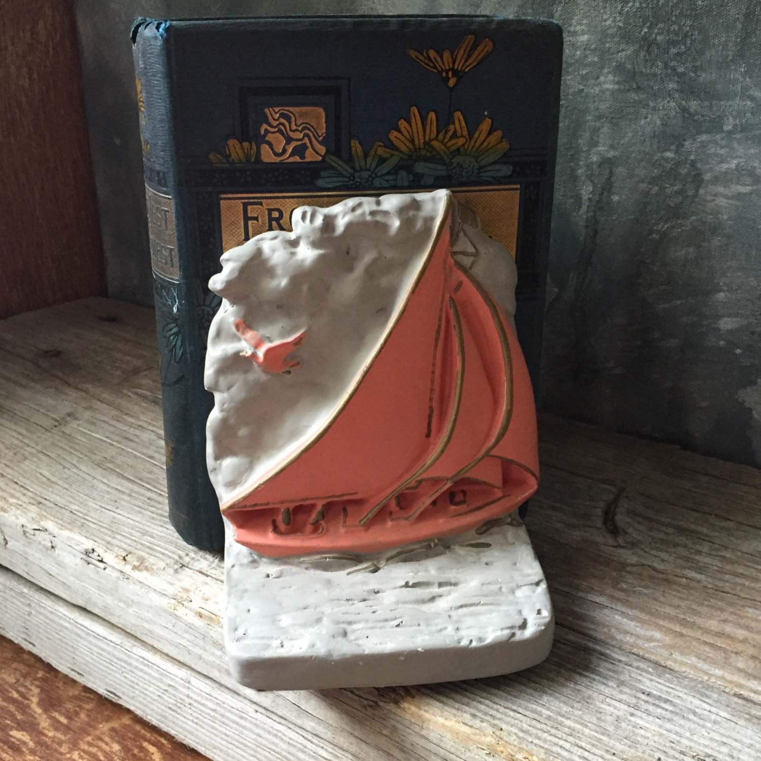 Sailing Ship Bookend Set Vintage Chalkware Schooner Bookends, Nautical