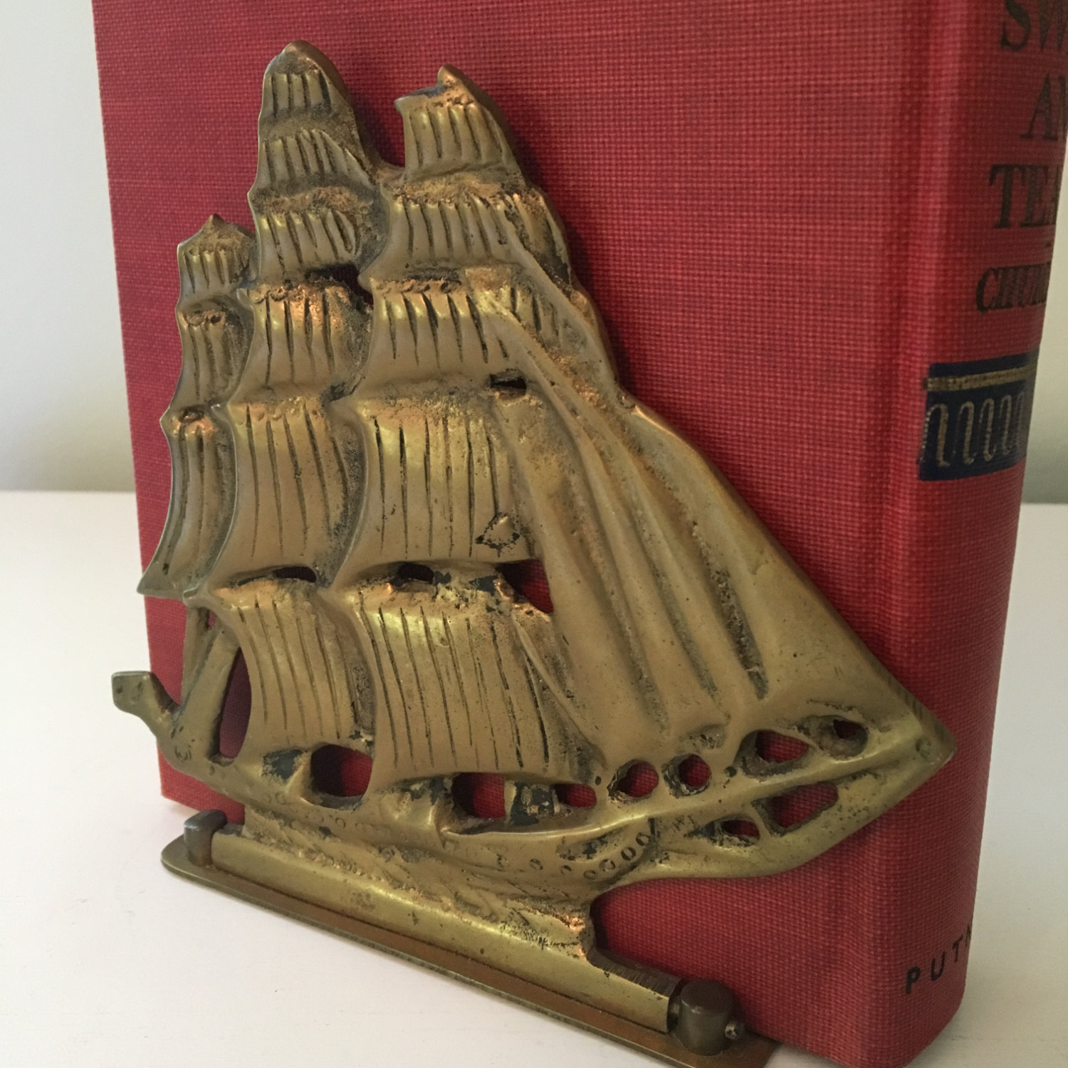 Vintage Pair of Brass Ship Bookends Maritime Tall Ships Schooners Nautical Coastal Ocean Seaside