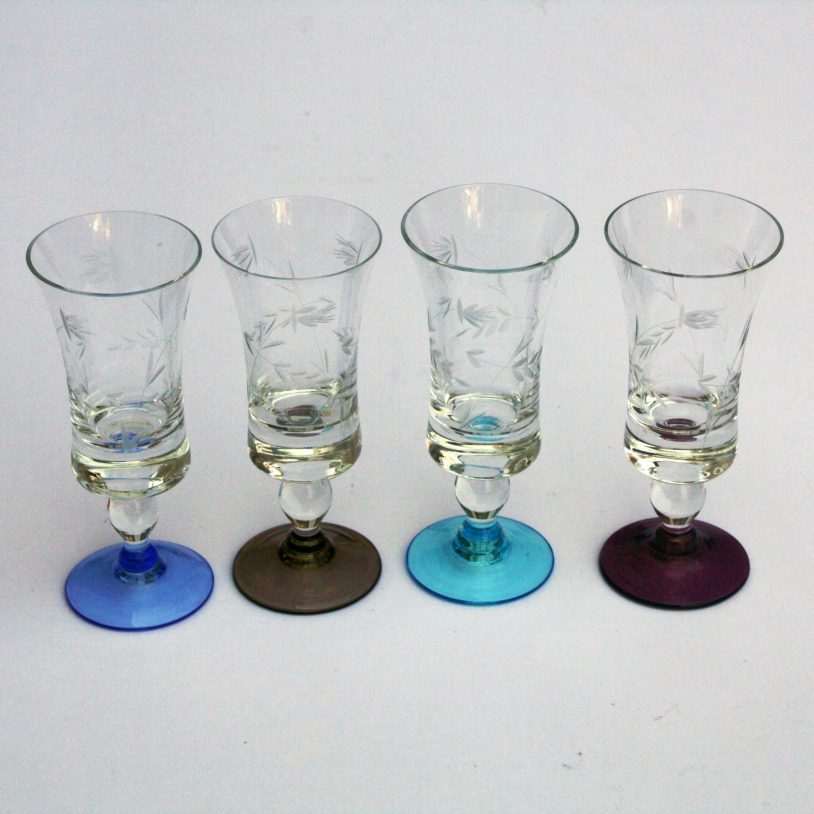 Four Vintage Engraved Sherry Glasses Sherry Schooners Coloured