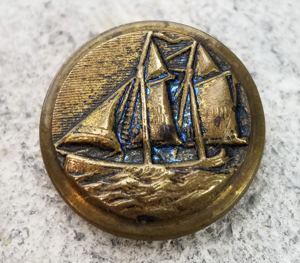 Antique Brass Transportation Picture Button Two Masted Schooner