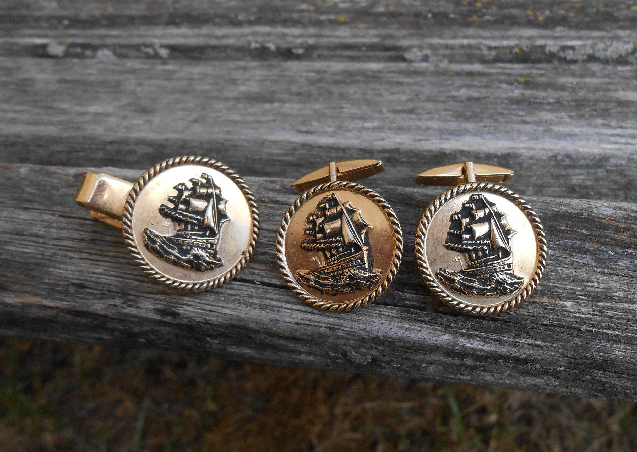 Vintage Ship Cufflinks, Tie Clip. Gift For Dad, Groom, Groomsmen, Wedding, Anniversary, Birthday