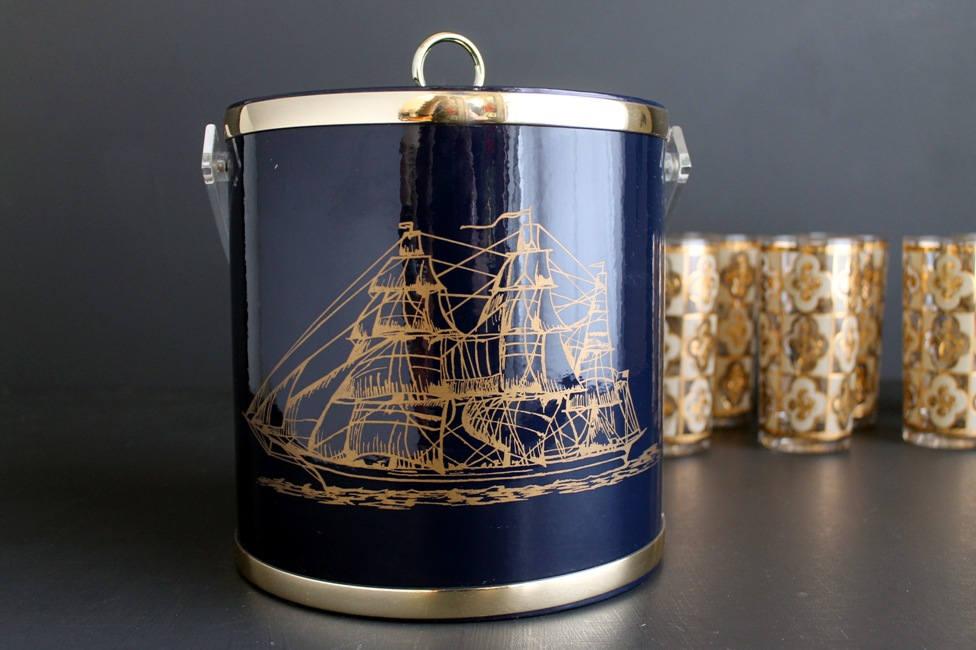 Vintage Ice Bucket Nautical Theme Navy Blue and Gold Schooner Sailing