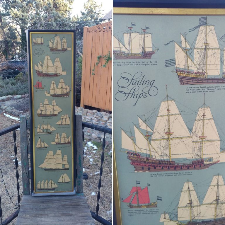 Awesome 41″ Tall x 11″ Wide VINTAGE Framed Blue SAILING SHIPS Print Nautical Home Decor