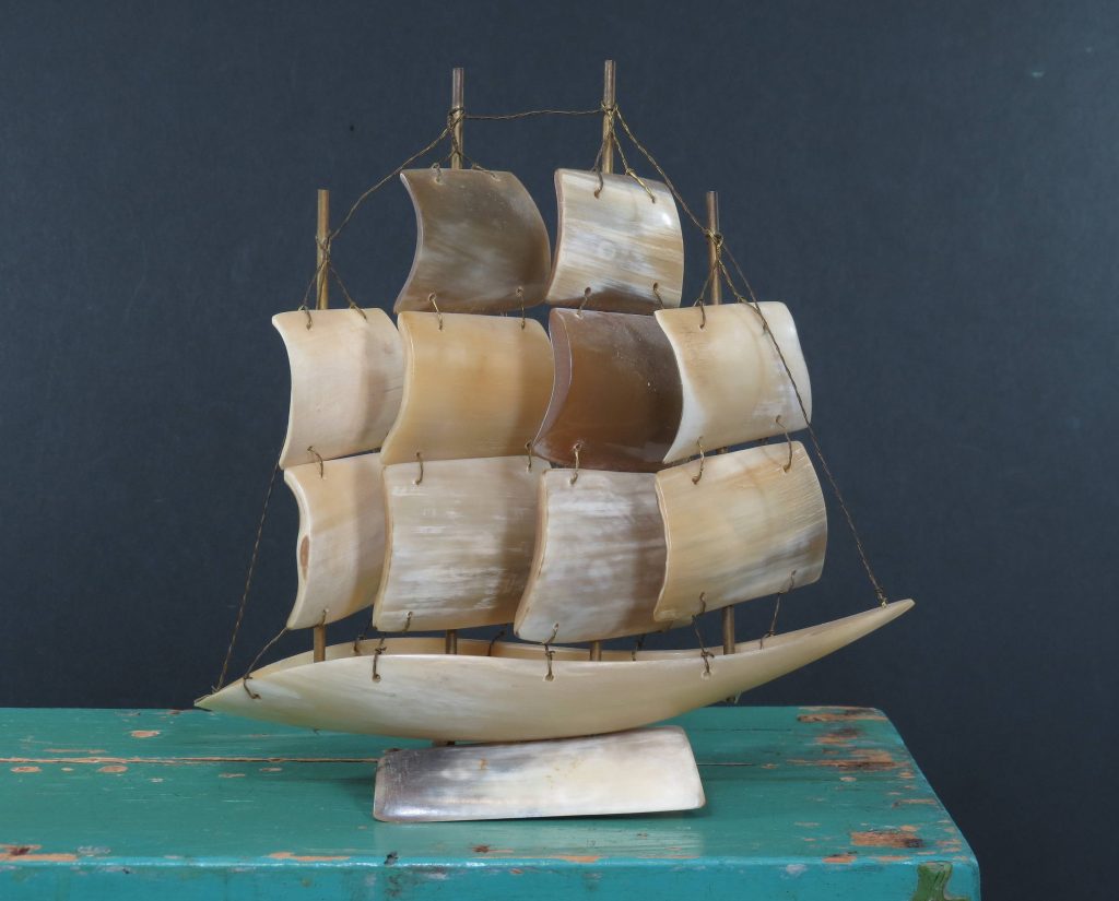 Vintage Horn Sailing Ship . 4 Masted Schooner . Nautical Decor