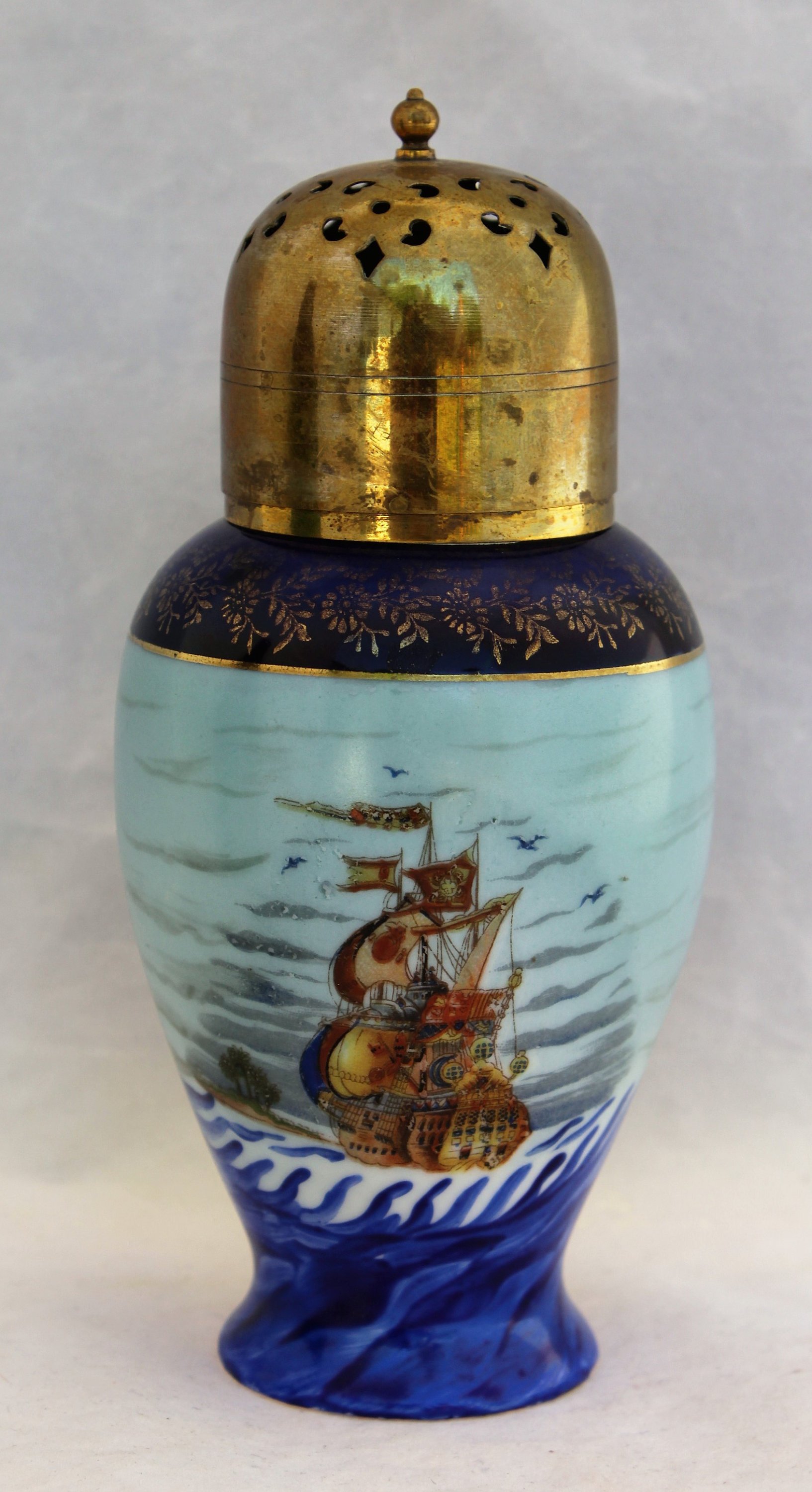 Antique Ceramic Sugar Shaker/Muffineer Painted Tall Ship Schooner