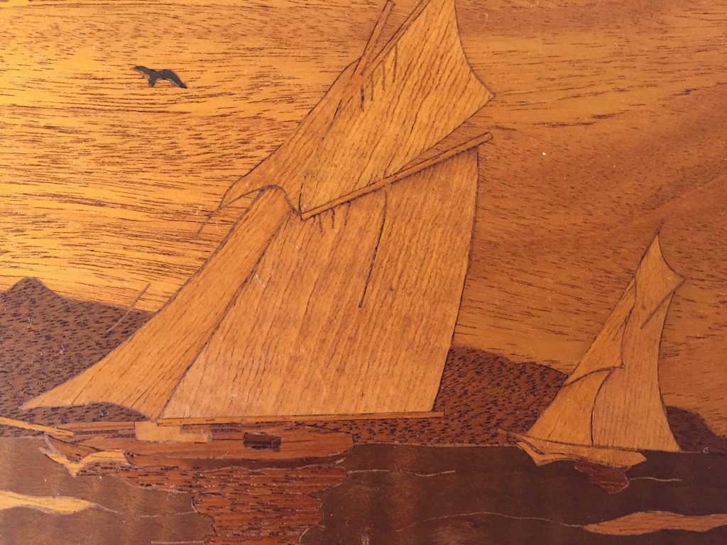 Vintage Wood Inlay Marquetry Handcrafted Picture of a Cabin in the