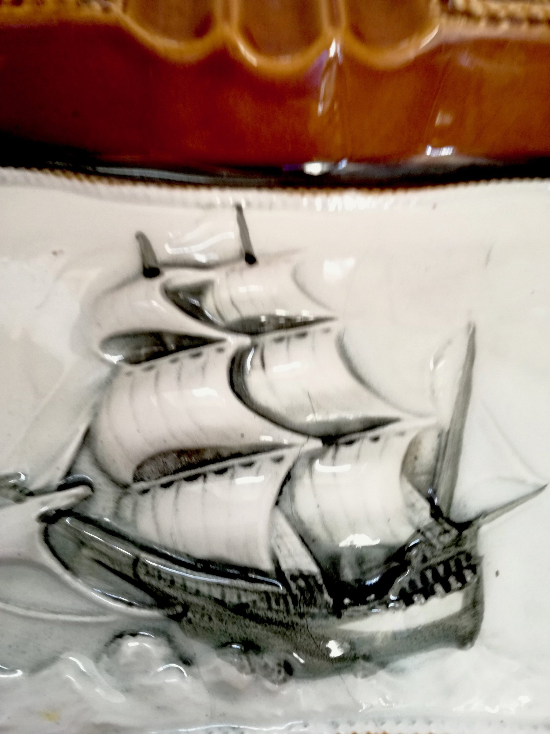 vintage Sailboat ashtray ceramic emerald green, vintage schooner, large