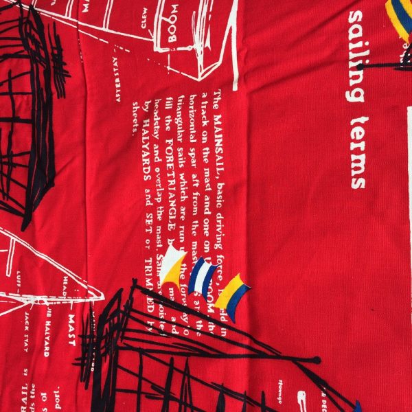 Vintage Fabric Nautical Theme Fabric Red and White Schooners and Nautical Terms on Fabric