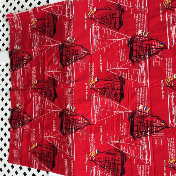 Vintage Fabric Nautical Theme Fabric Red and White Schooners and Nautical Terms on Fabric