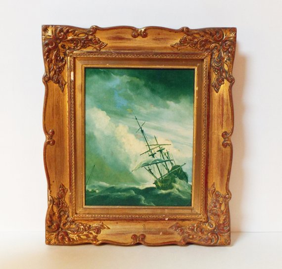 Antique Victorian Framed Oil Painting Ship In Stormy Sea Schooner