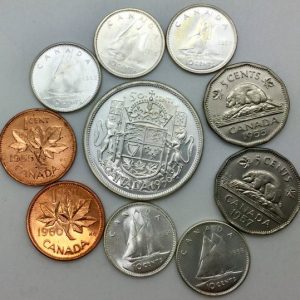 Lovely 10 Piece Lot Of Queen Elizabeth II Young Head Mint State Coins One Cent Five Cents 10 Cents 50 Cents From 1954 To 1962 Good Mix