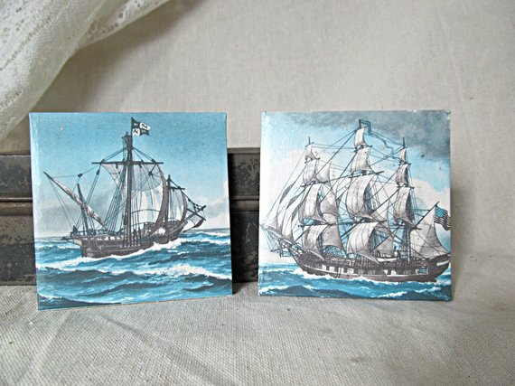 Up Cycled Vintage Book Ship Blue Gray Nautical Decor Schooner Mini