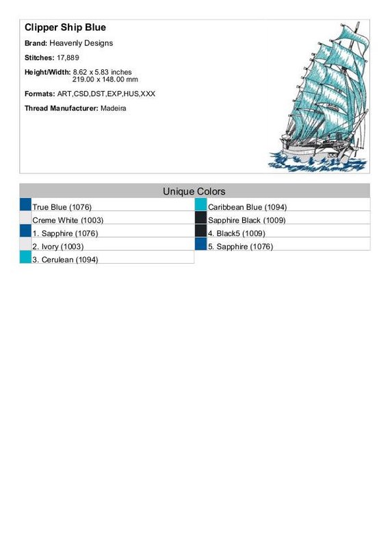 Clipper Ship Pattern Clipper Ship Blue - Machine Embroidery Design, Embroidery Patterns ...