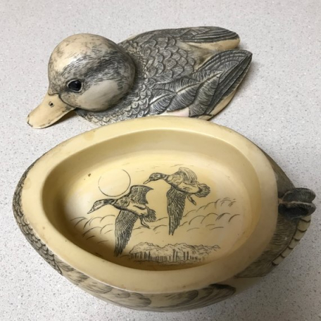 Artek Duck, Faux Scrimshaw, 1983, Trinket Box, Signed, Faux Scrimshaw ...