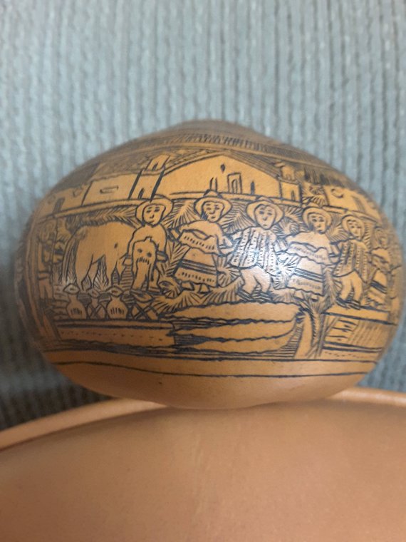 Antique Calabash Village Scrimshaw Gourd Schooner Chandlery