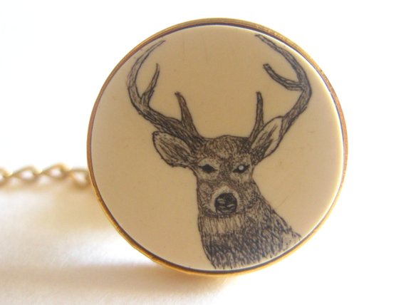 Deer Buck Tie Pin Chain Scrimshaw Marked Barlow 1960/'s Vintage Free Shipping