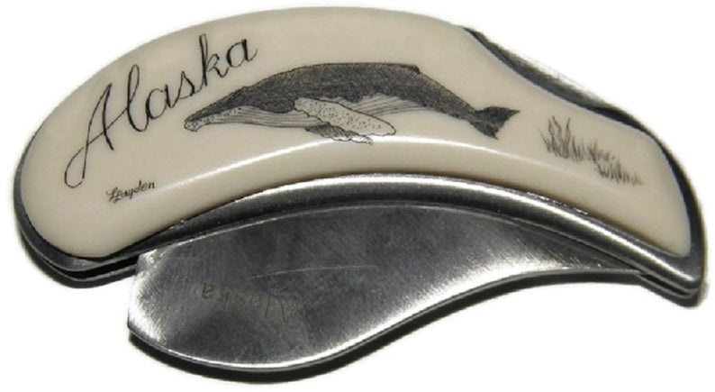 Alaskan Folding Pocket Ulu Knife w/Sperm Whale Scrimshawed Handle