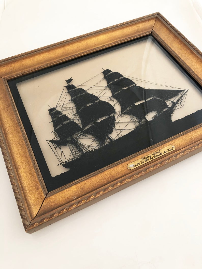 Flying Cloud Hanging Artwork- Vintage framed scrimshaw clipper ship