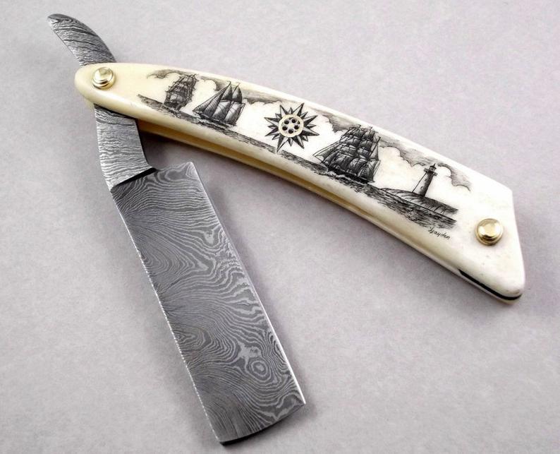 Schiff Razor Scrimshaw Straight Edge Razor, Damascus Steel Blade, Nautical Scene ...