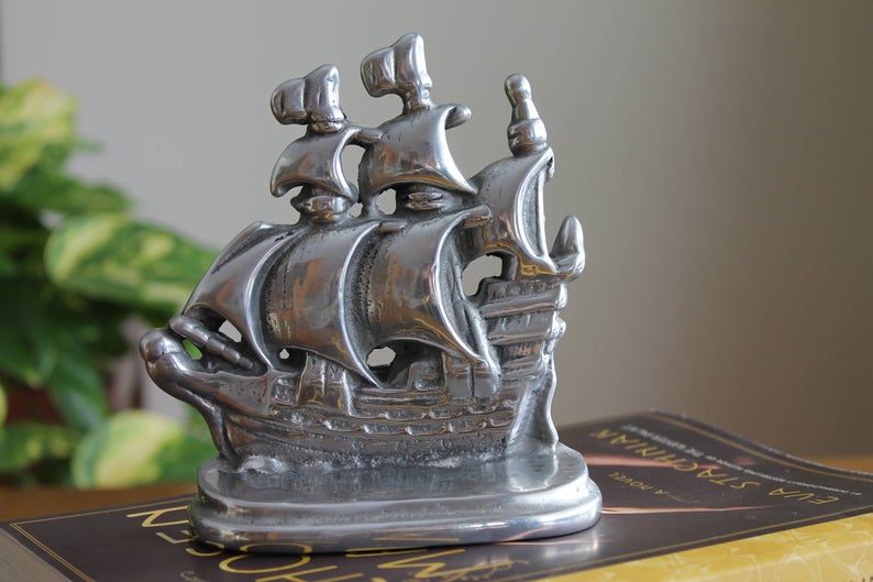 Vintage Pewter Ship Bookend, Vintage Nautical Bookend, Vintage Ship
