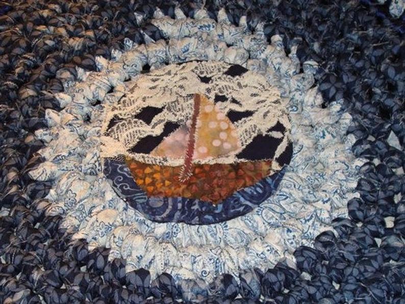 Crochet Sailboat Rag Rug " 34 inches, Art Rug , Nautical, Mosaic